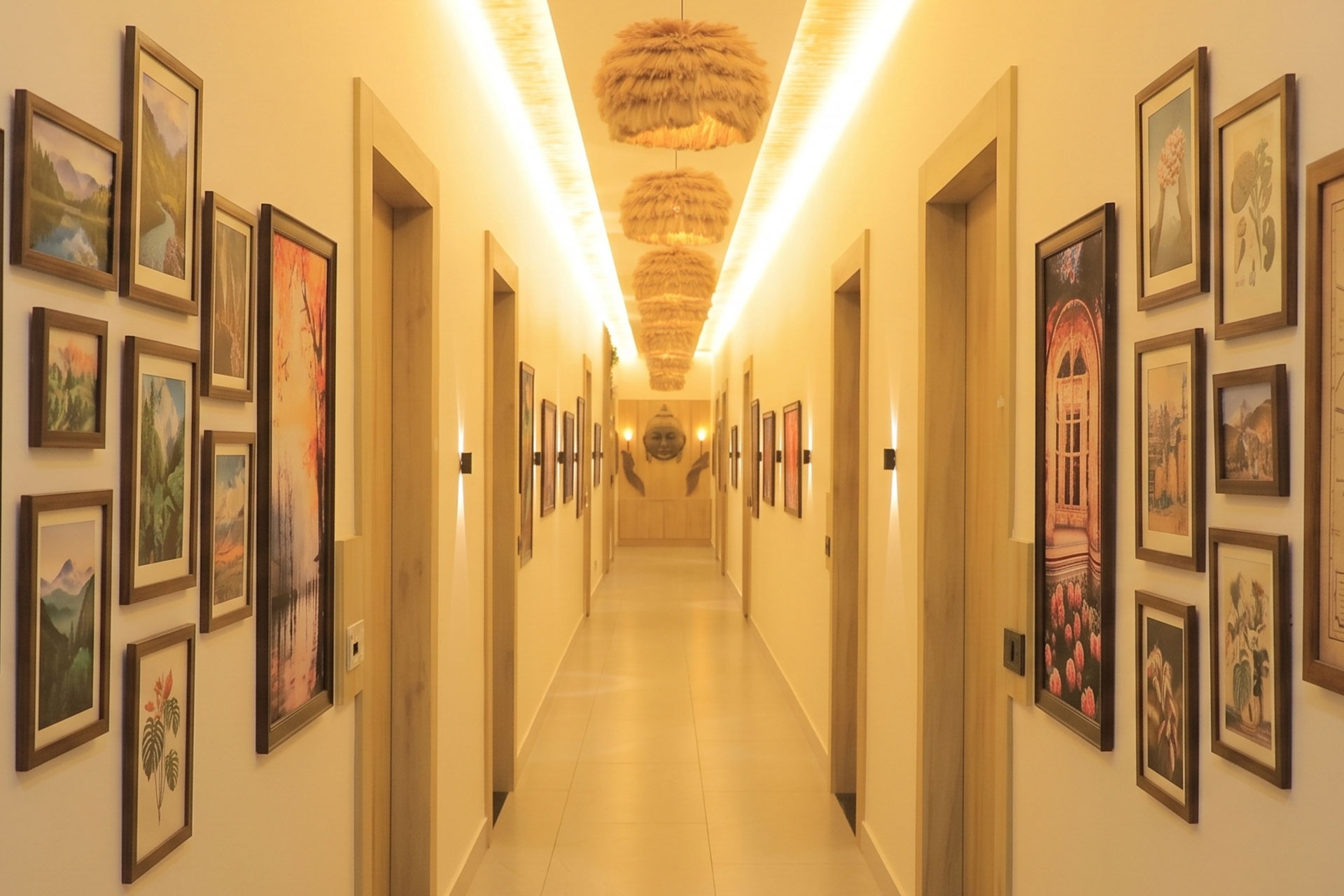 Corridor with straw pendant lighting